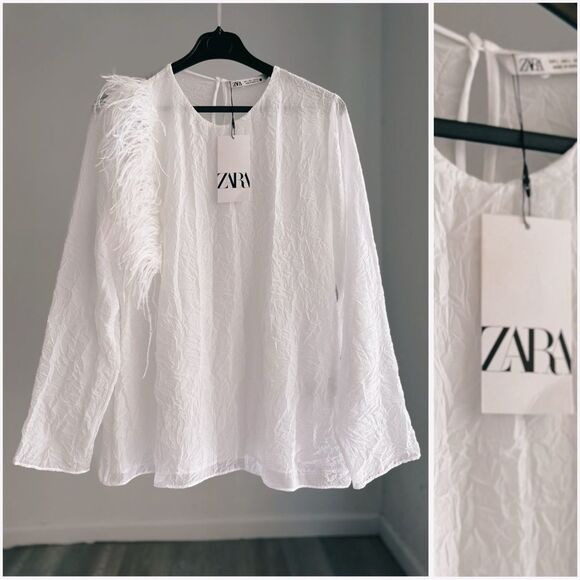 ZARA WHITE  WRINKLED EFFECT FEATHER BLOUSE ZW COLLECTION - Picture 1 of 11